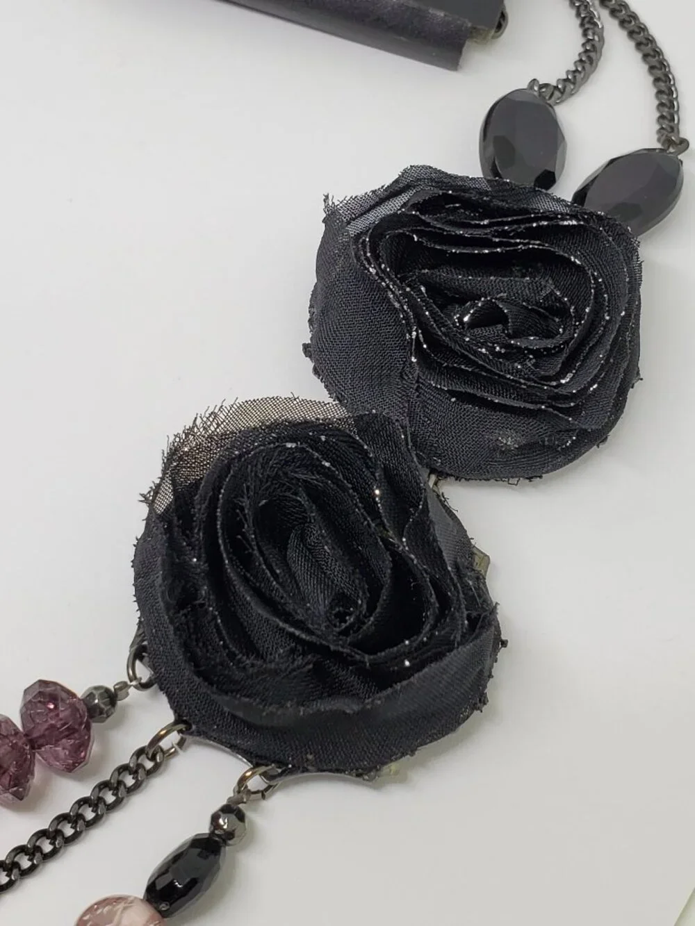 Black Organza Flower Purple Beaded Statement Triple Strand Statement Necklace
